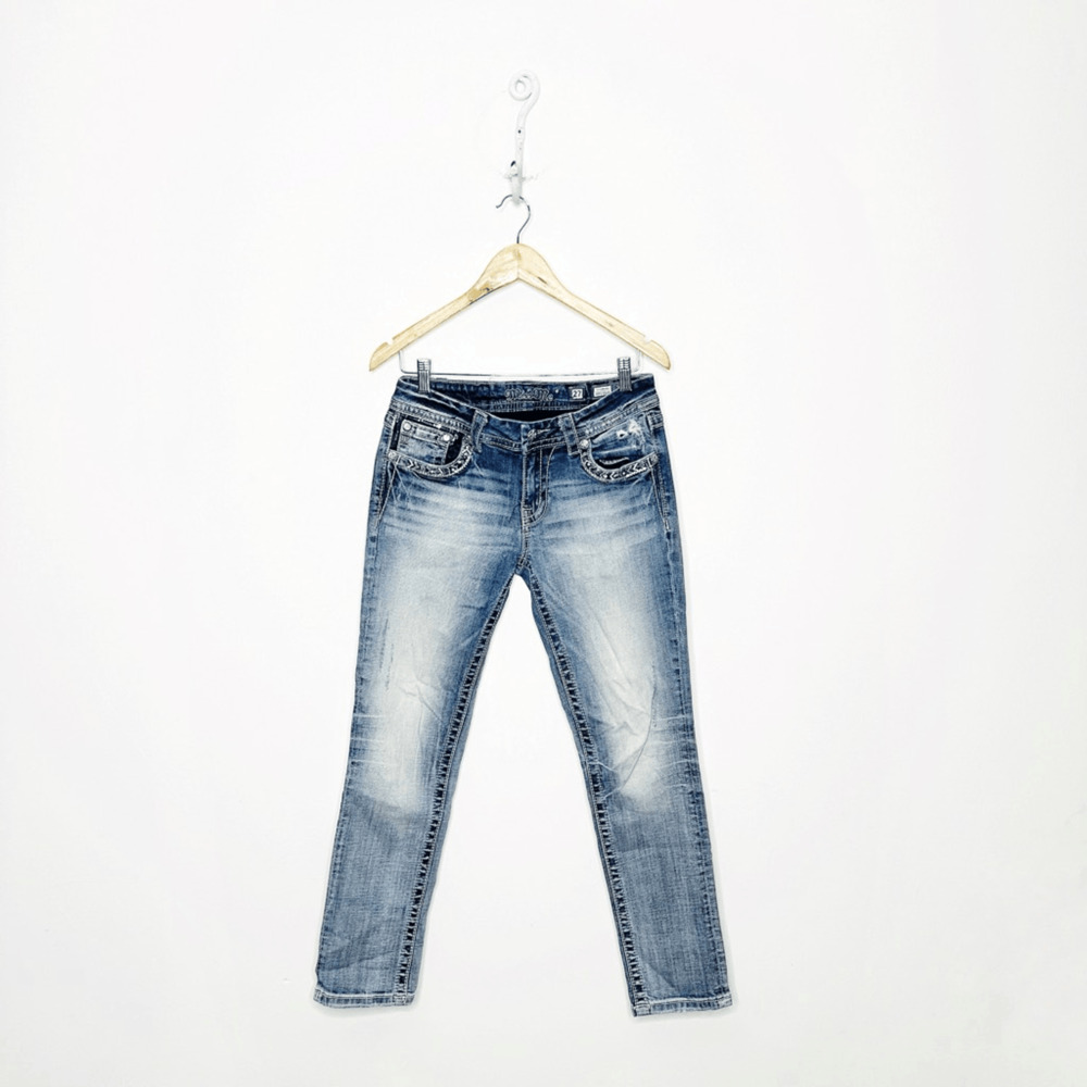 MISS ME STANDARD EASY CROP Low Rise Slim Fit Jeans rhinestone studded womens 27